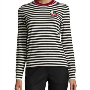 Tory Burch Stripe-Print Heart-Patch Cashmere Sweater Sz S